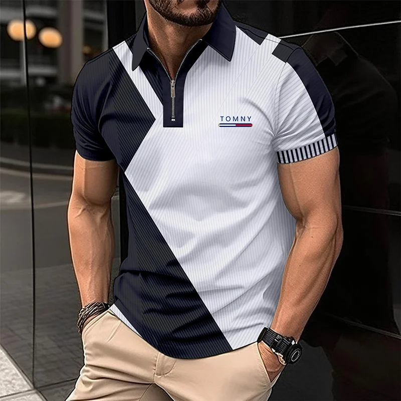 Men'S Fashion Golf Clothing - Simple Print Zip Polo Shirt For