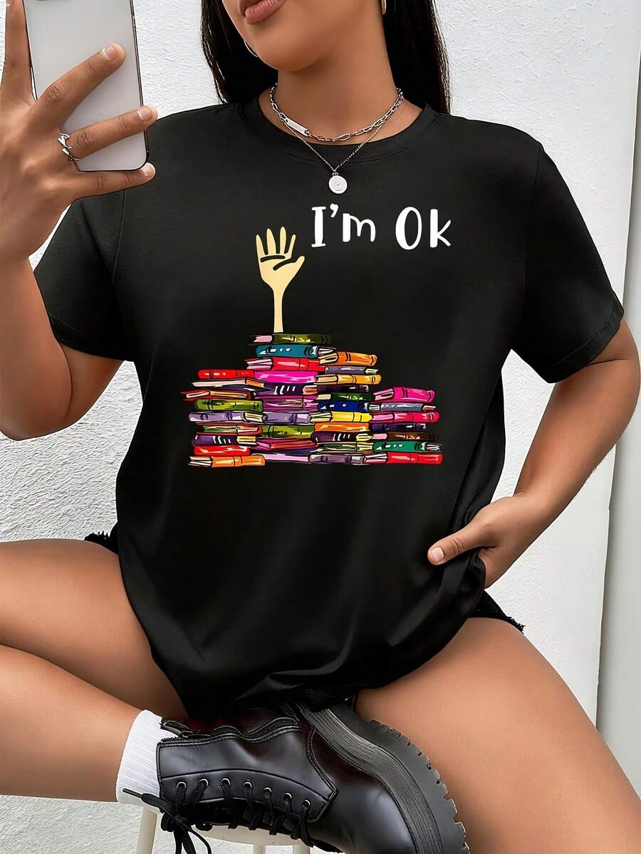 Graphic Tee Oversized - Im Ok Book Stack Graphic Tee