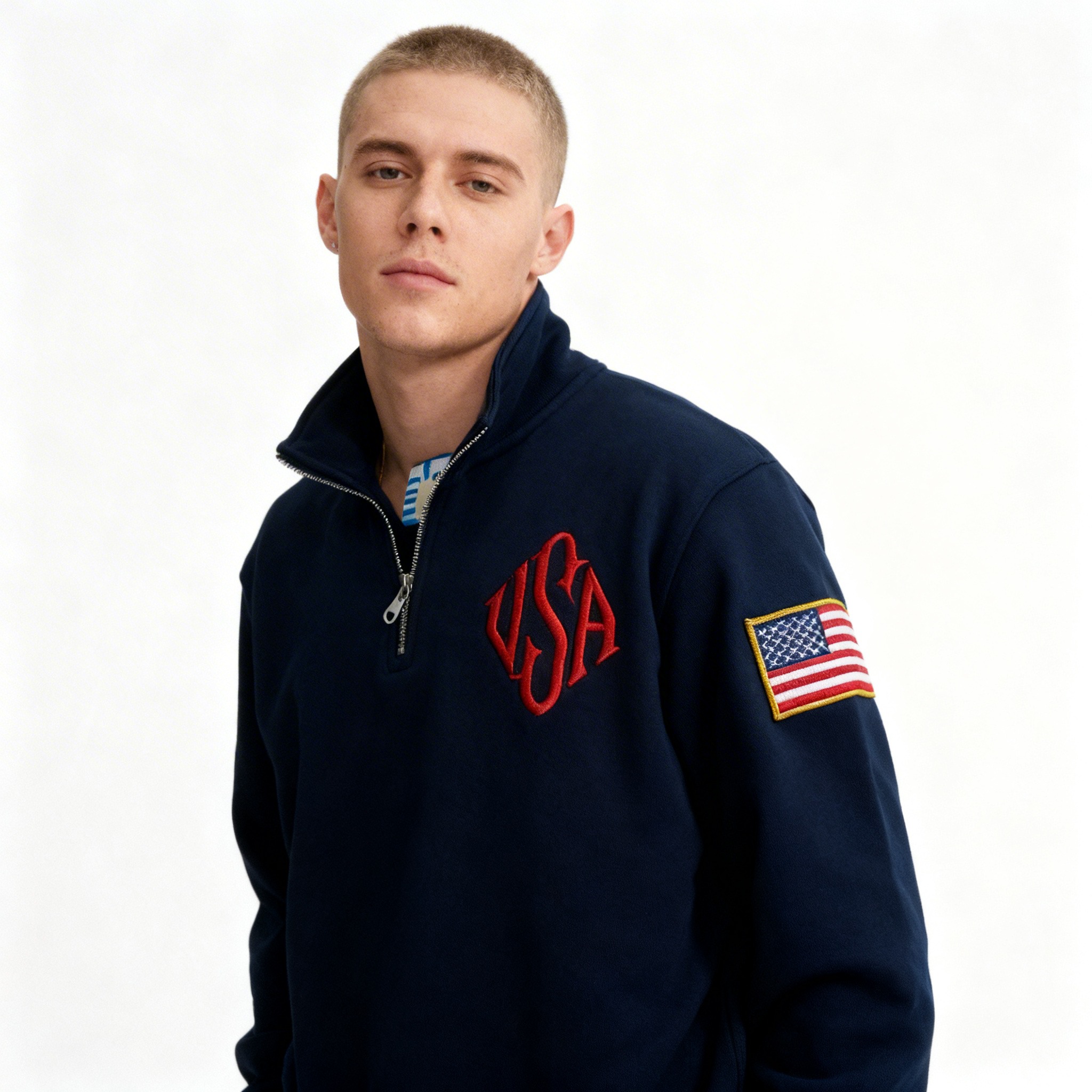 Mens Fashion Quarter Zip - Vintage USA Flag Embroider Sweatshirts Navy