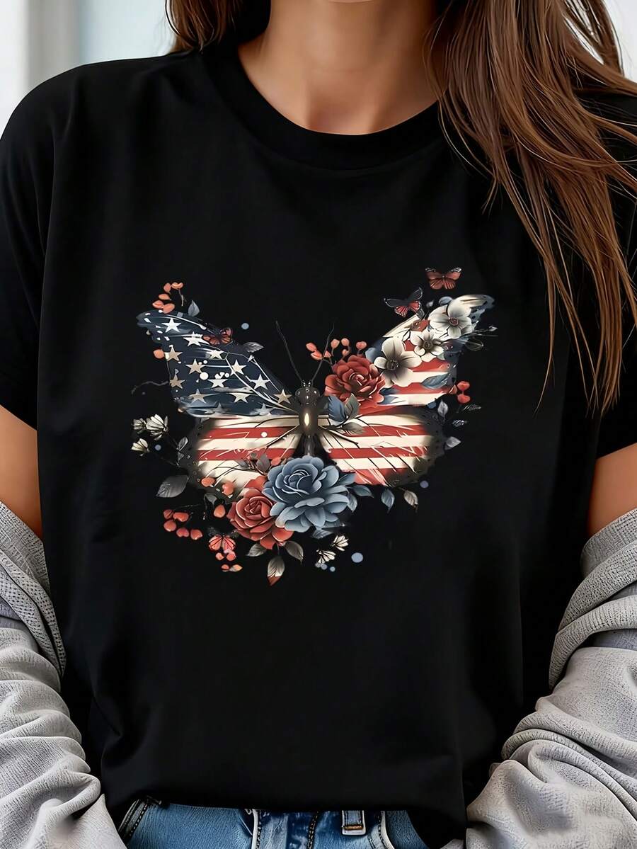 Graphic Tee Oversized - American Flag Butterfly Womens Plus Size