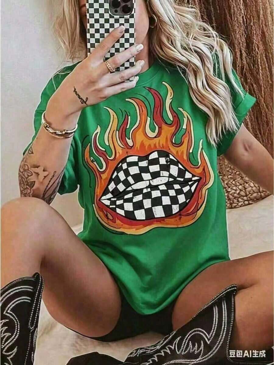 Checkered Flame Lips Graphic T - Graphic Tee Oversized ulasan dan harga