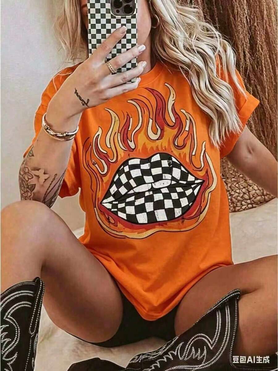Checkered Flame Lips Graphic T - Graphic Tee Oversized ulasan dan harga