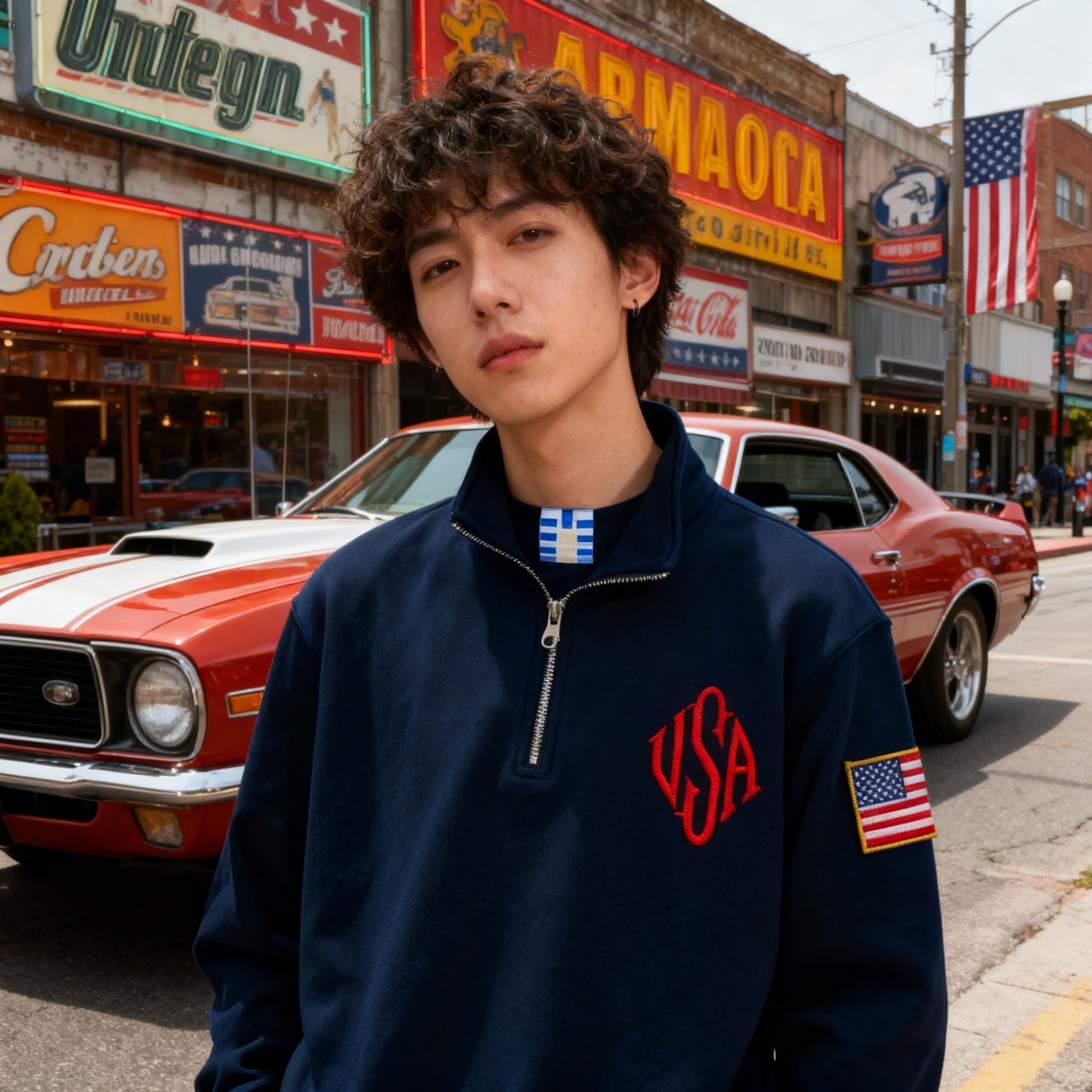 Vintage USA Flag Embroider Swe - Mens Fashion Quarter Zip ulasan dan harga