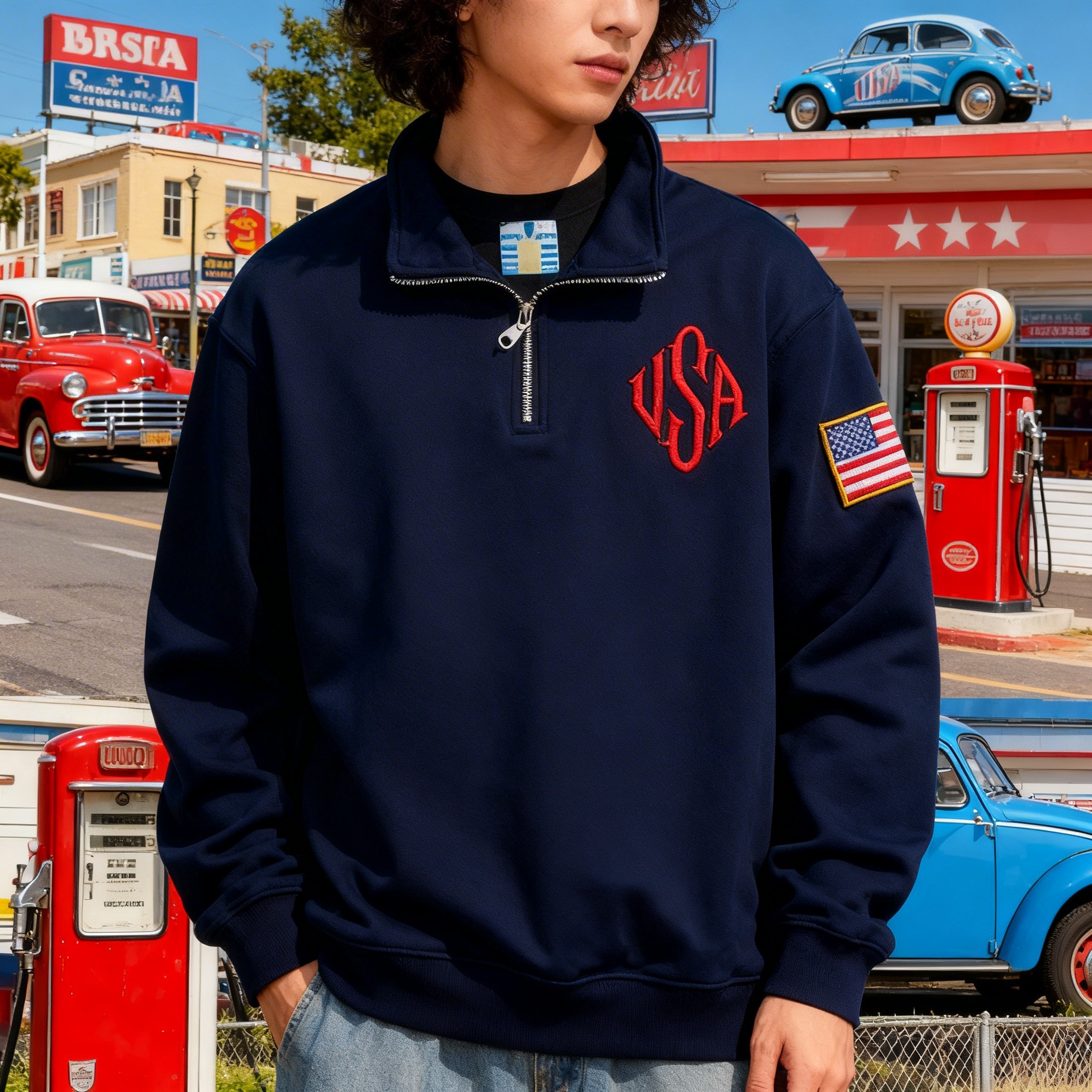 Vintage USA Flag Embroider Swe - Mens Fashion Quarter Zip ulasan dan harga