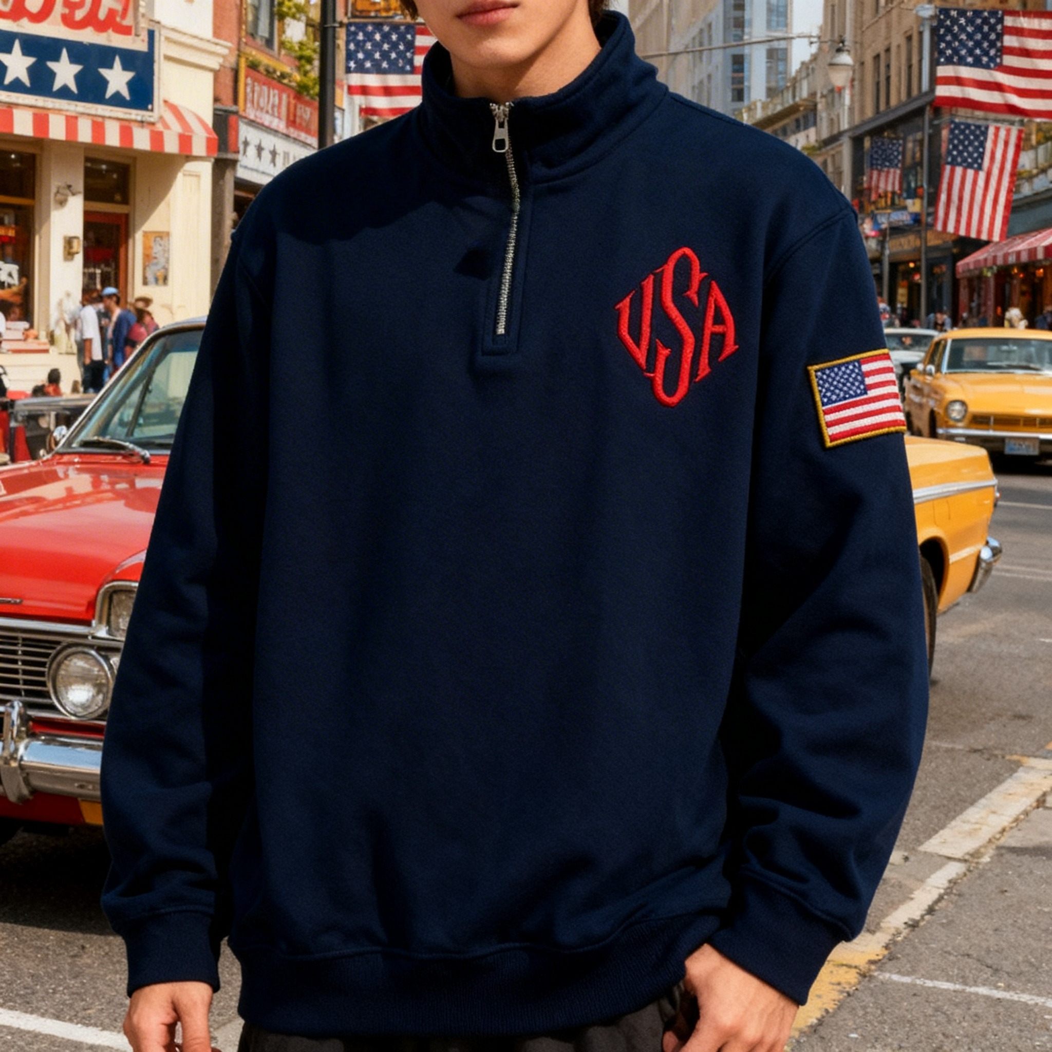 Vintage USA Flag Embroider Swe - Mens Fashion Quarter Zip ulasan dan harga