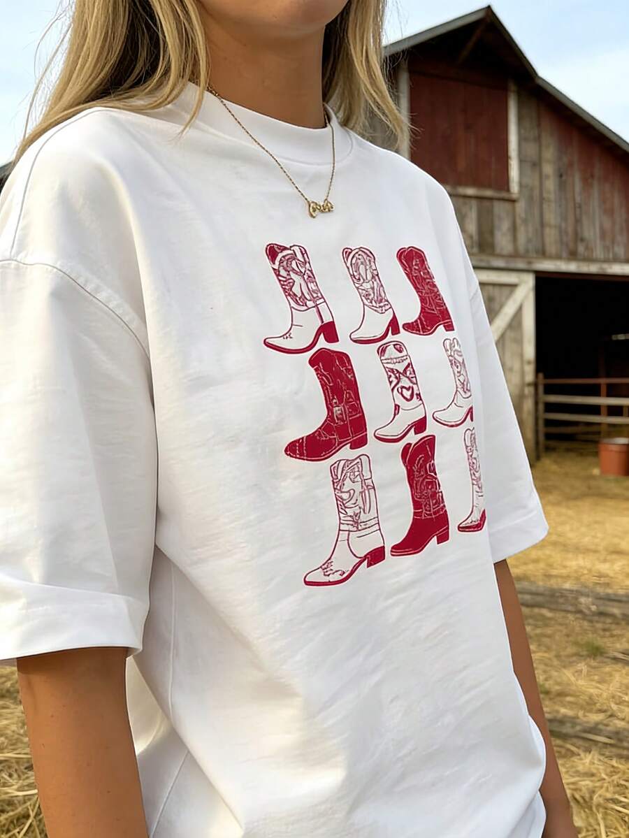 Red Cowboy Boots Print Crew Ne - Graphic Tee Oversized ulasan dan harga