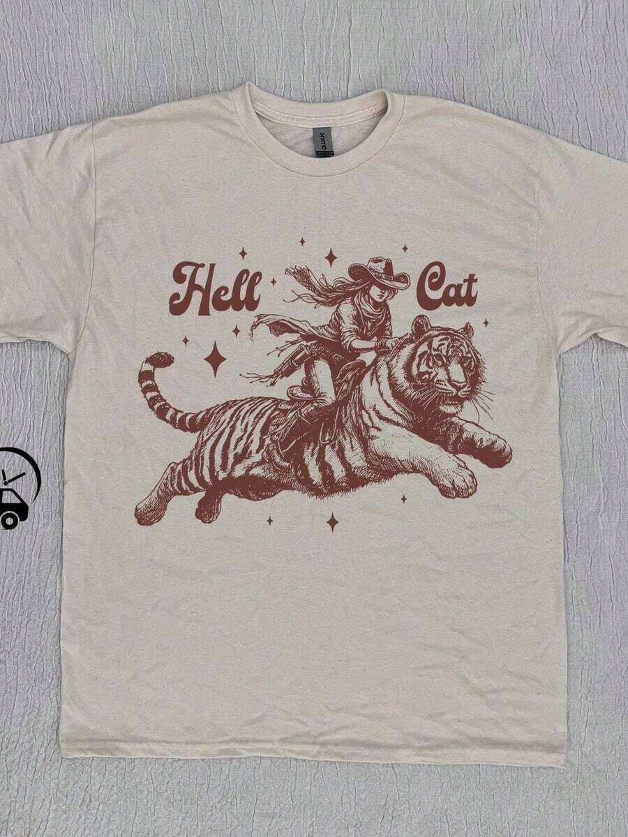 Hell Cat Cowgirl Riding Tiger  - Graphic Tee Oversized ulasan dan harga